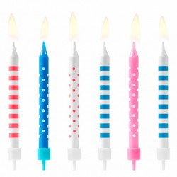 6 Stk Fødselsdagslys. Turkis / pink med striber og prikker