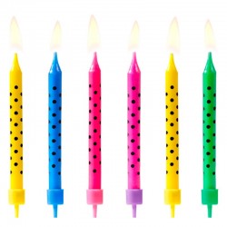 6 Stk Fødselsdagslys. Farvede lys med sorte prikker