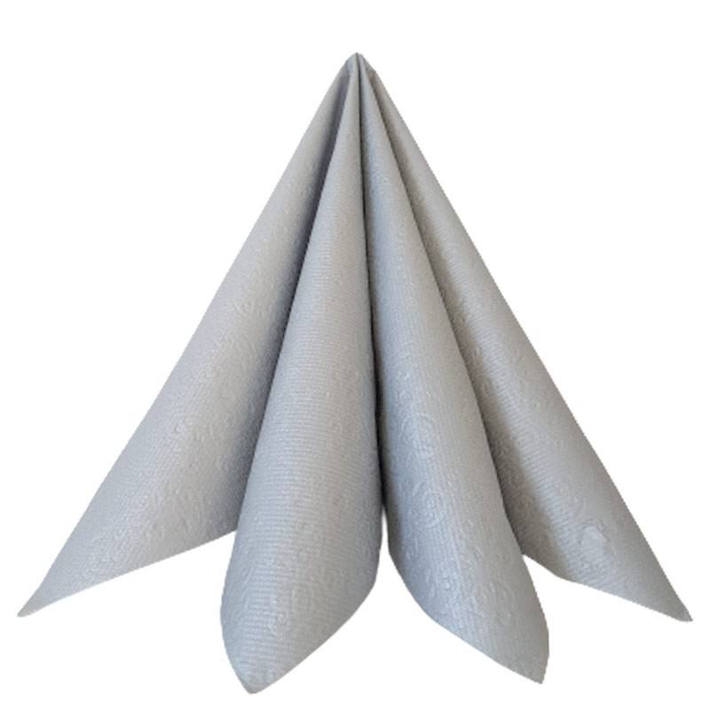 Stoflignende sølv servietter med prægning. 40 x 40 cm