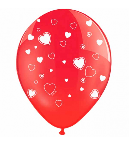 Rød ballon med hvide hjerter 6 Stk
