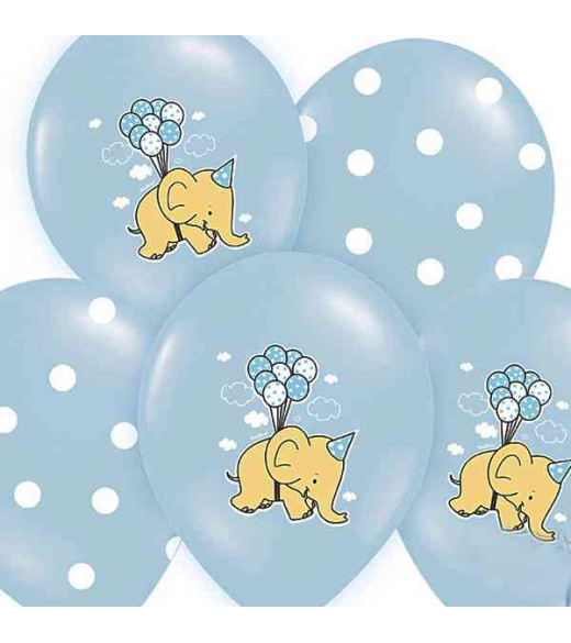 Lyseblå balloner med elefant. 6 Stk