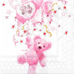 Servietter barnedåb lyserød bamse og balloner. 20 stk